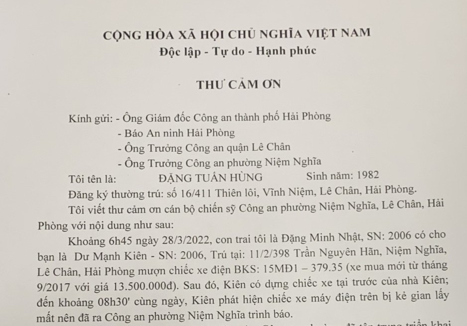 Người dân gửi thư cảm ơn Công an phường Niệm Nghĩa, quận Lê Chân
